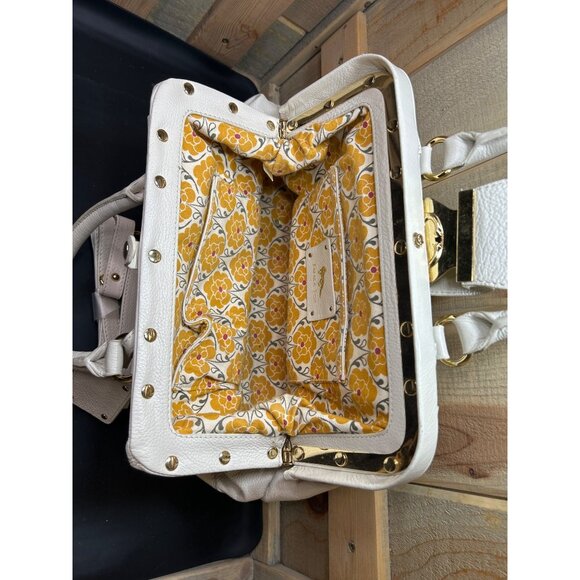 Emma Fox White Pebbled Leather Satchel Bag With Floral Lining Gold Hardware & Re - Picture 6 of 10